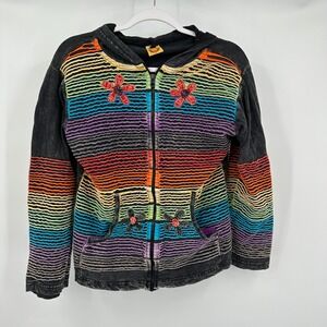 Karma Circle Women Boho Festival Hoodie Sz M Rainbow Patchwork Hippie Zip Jacket